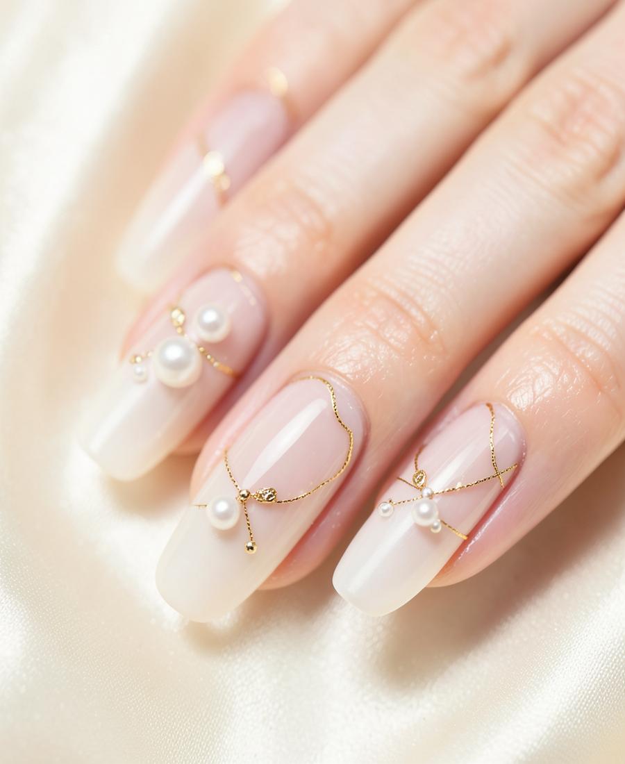 Bridal nails with pearl and fine gold detailing