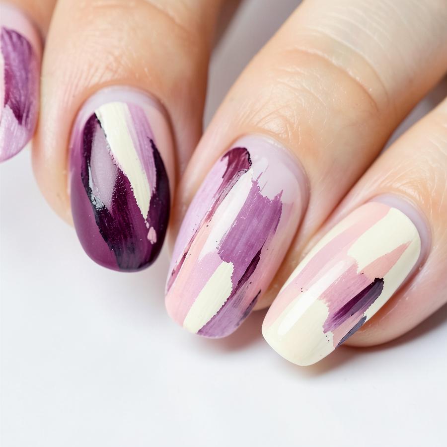 Hand-painted abstract nail art in plum and cream