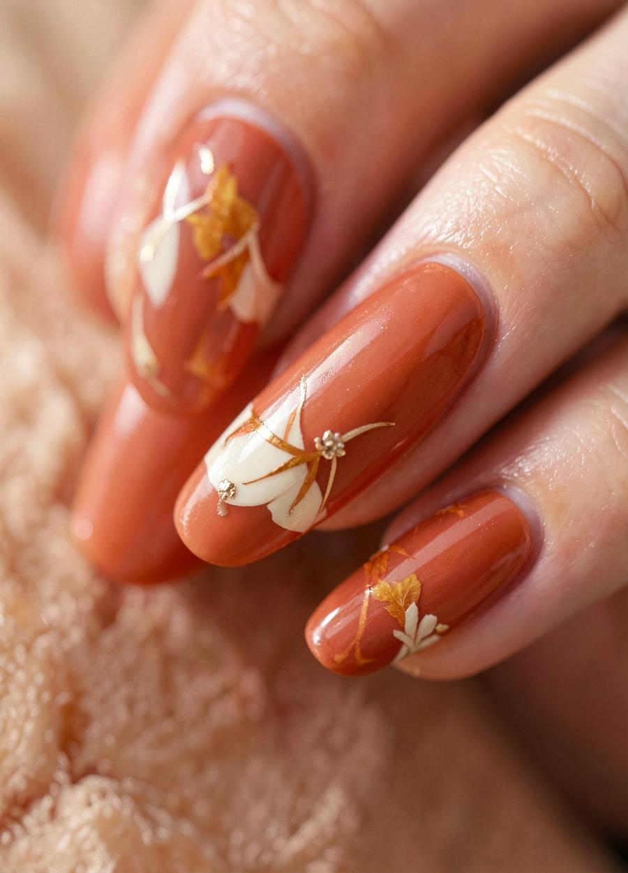 Terracotta seasonal nail design with botanical detail